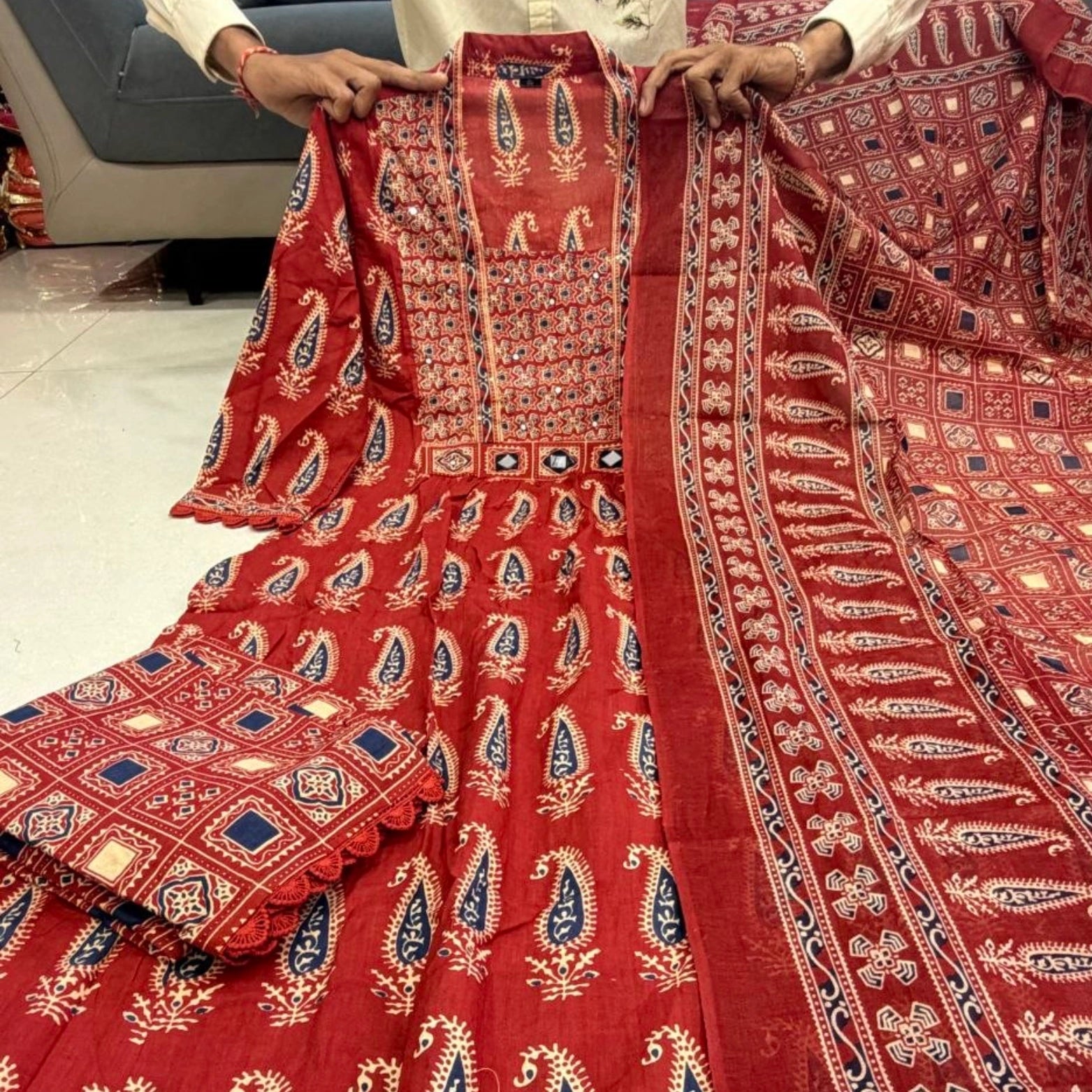 Bagru Mirror Work Cotton Kurta Set