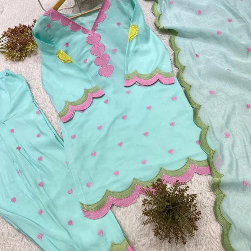 Pure Mul Chanderi Designer Embroidered Suit Set