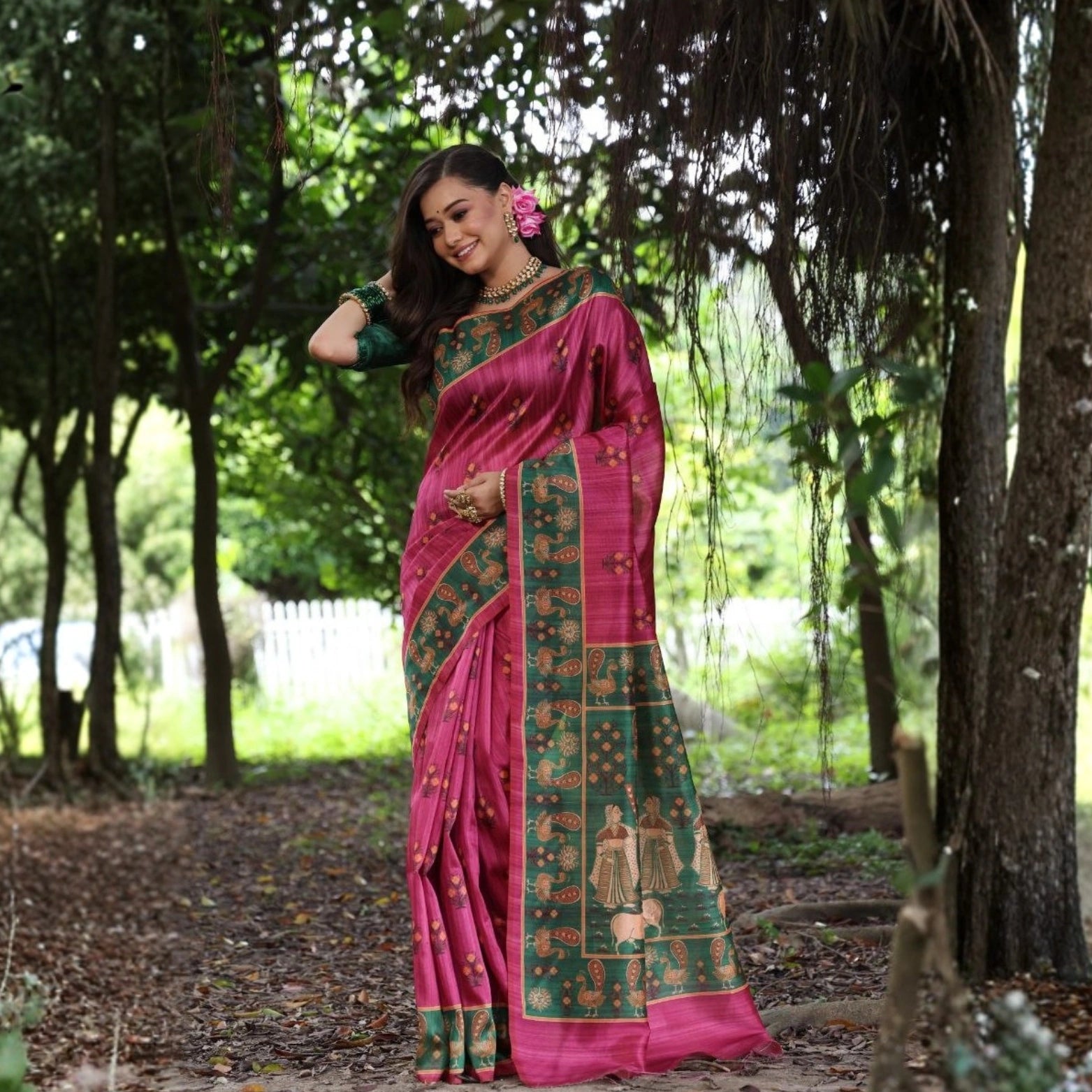 Lehera Peacock & Pichwai Print Tussar Silk Saree