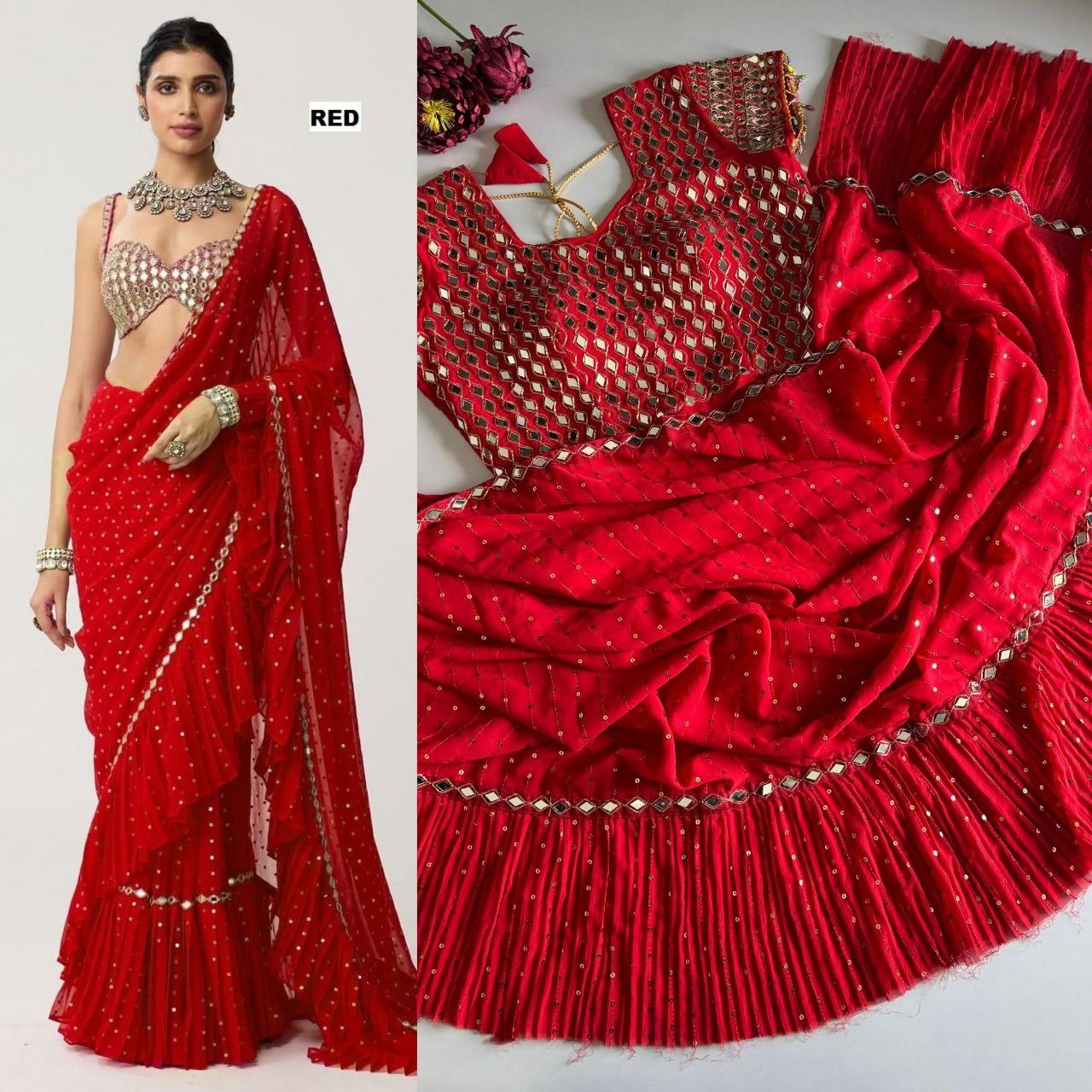 Saree with pleats and stitched blouse