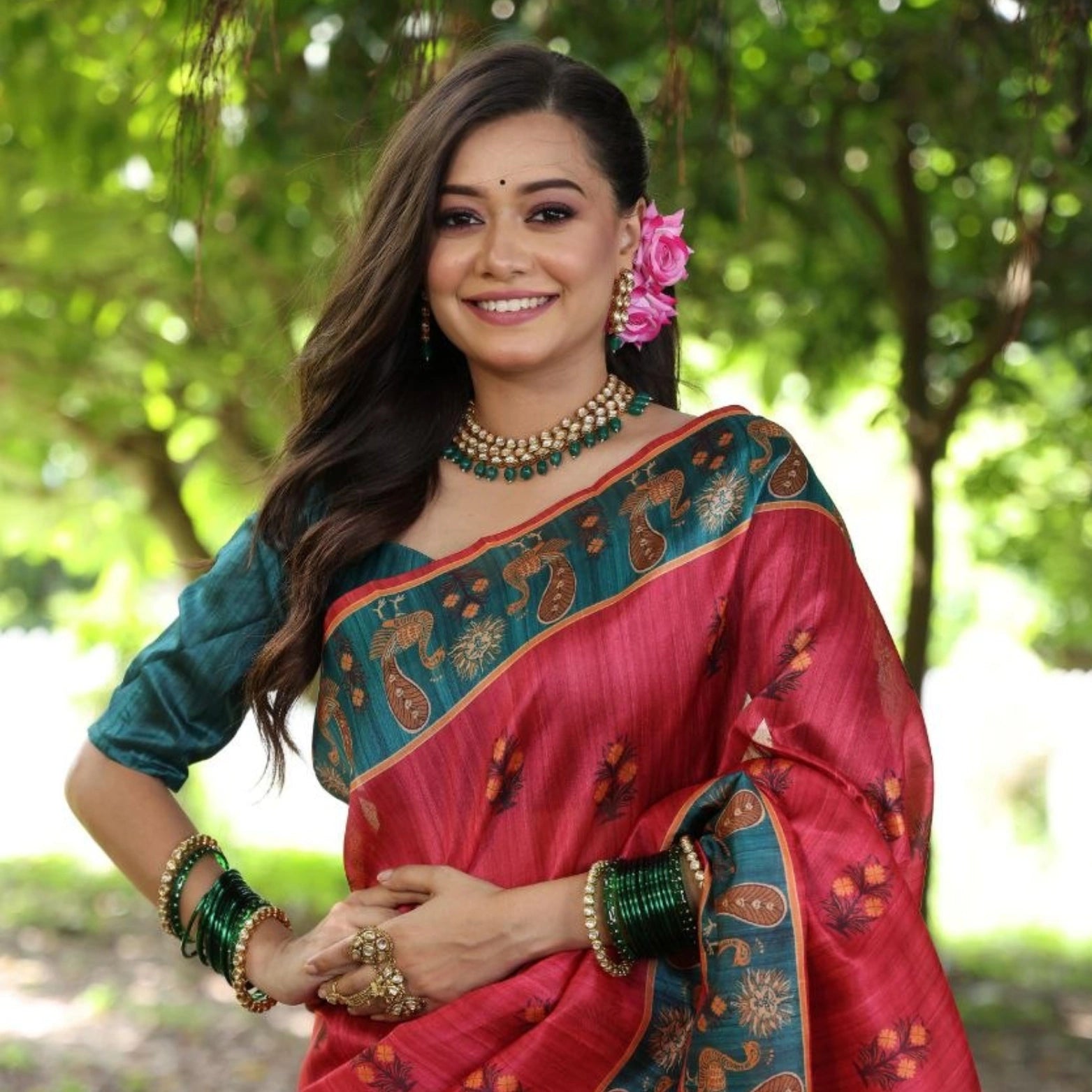 Lehera Peacock & Pichwai Print Tussar Silk Saree