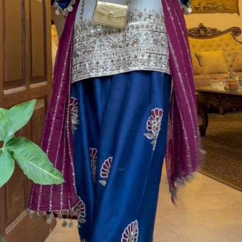Embroidered Silk Sharara Set with Dupatta
