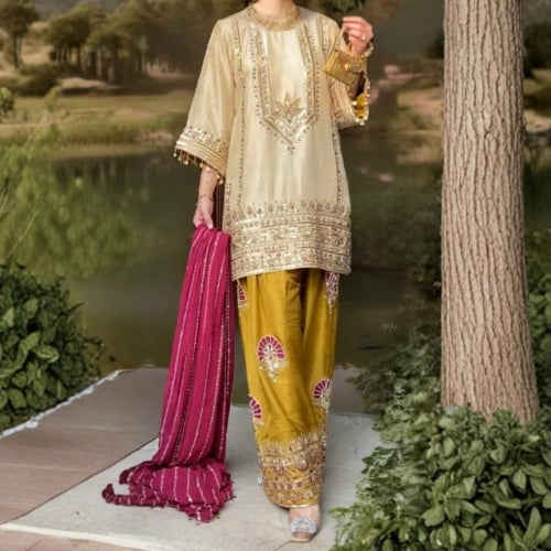 Embroidered Silk Sharara Set with Dupatta