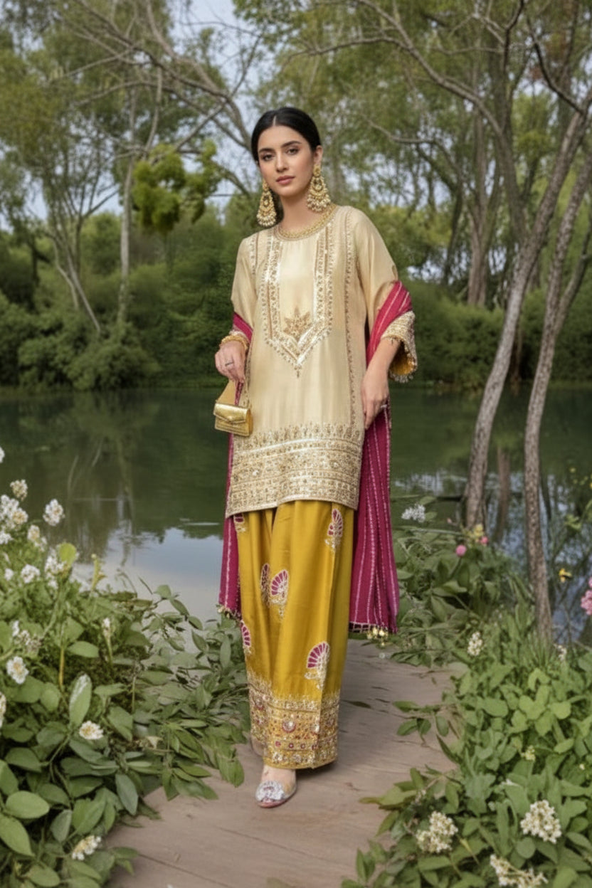 Embroidered Silk Sharara Set with Dupatta