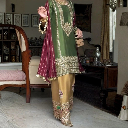 Embroidered Silk Sharara Set with Dupatta