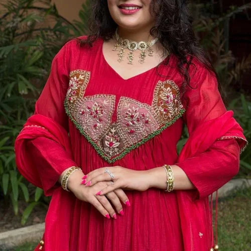 Pure Mal Chanderi Embroidered Designer Suit Set