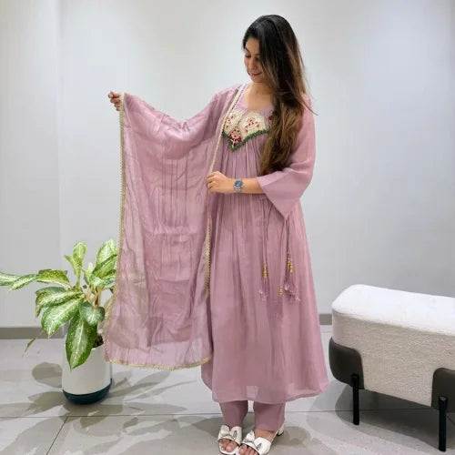 Pure Mul Chanderi Embroidered Gown Suit Set