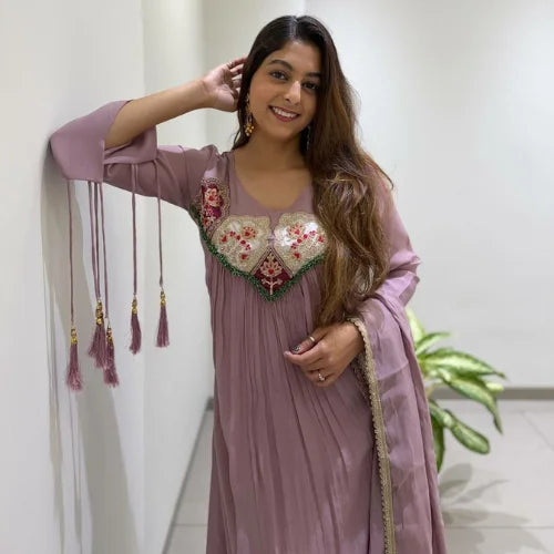 Pure Mul Chanderi Embroidered Gown Suit Set