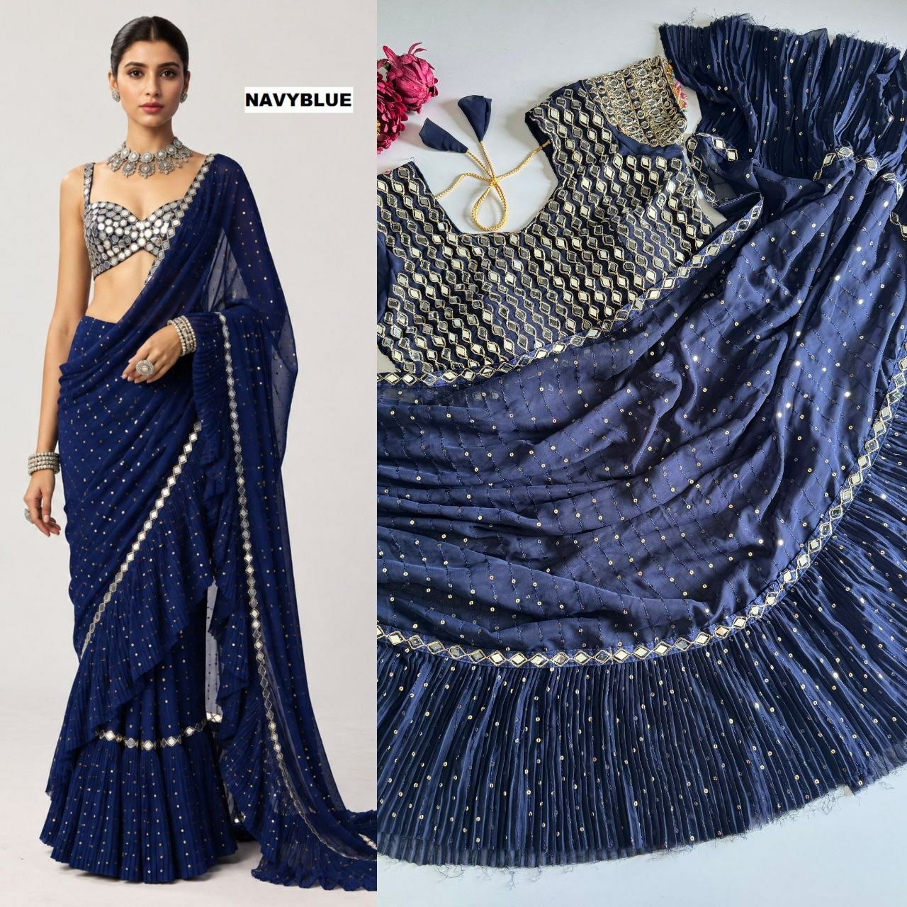 Saree with pleats and stitched blouse