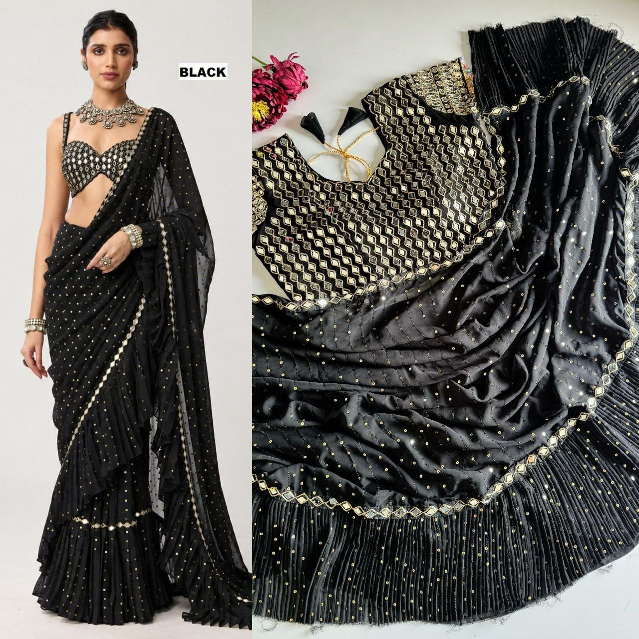 Saree with pleats and stitched blouse