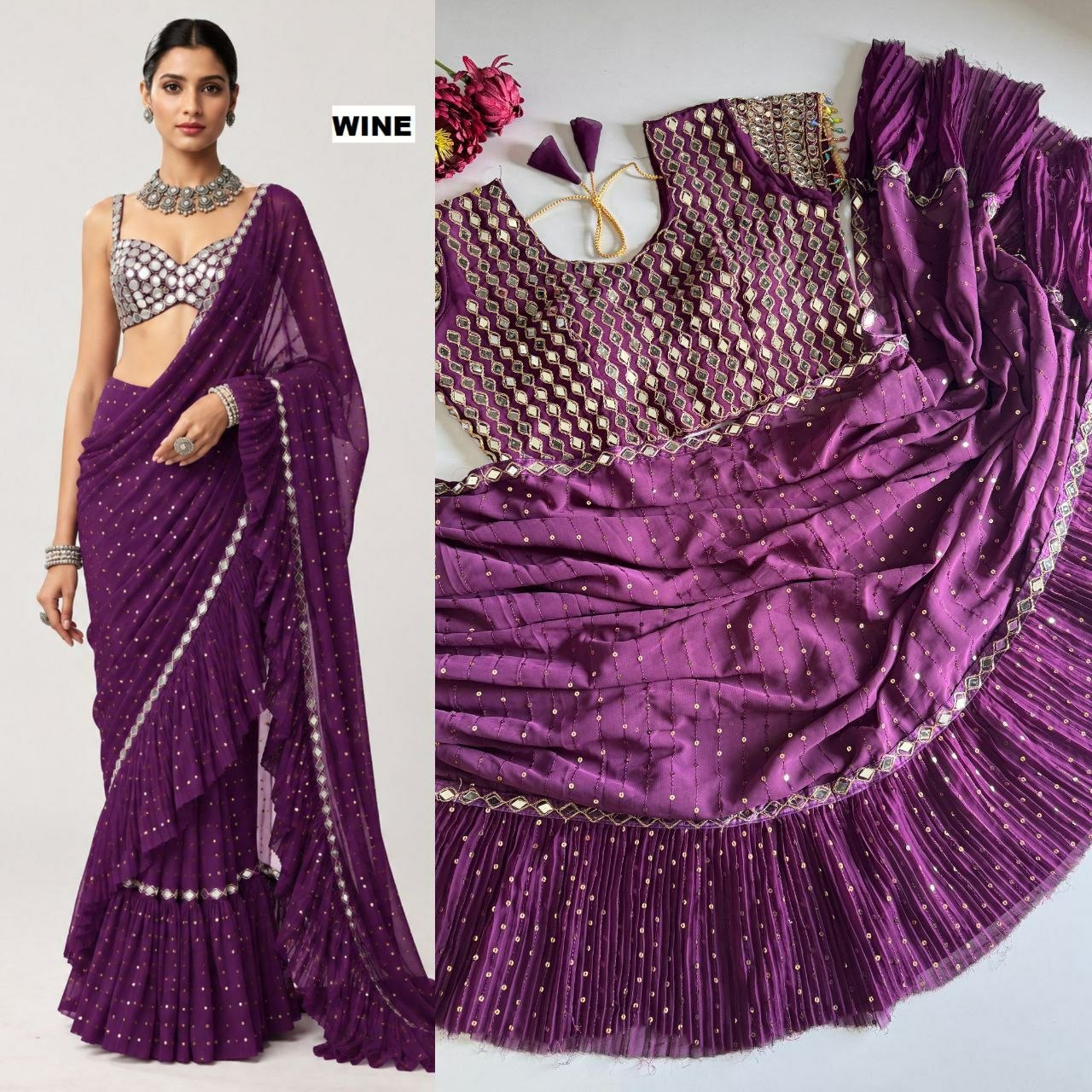 Saree with pleats and stitched blouse