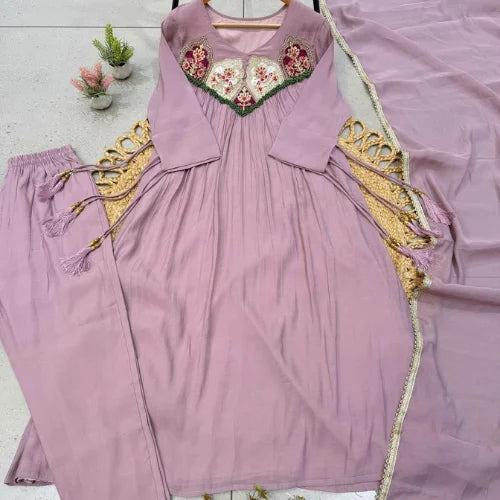 Pure Mul Chanderi Embroidered Gown Suit Set