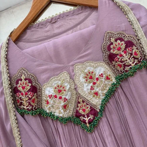 Pure Mul Chanderi Embroidered Gown Suit Set