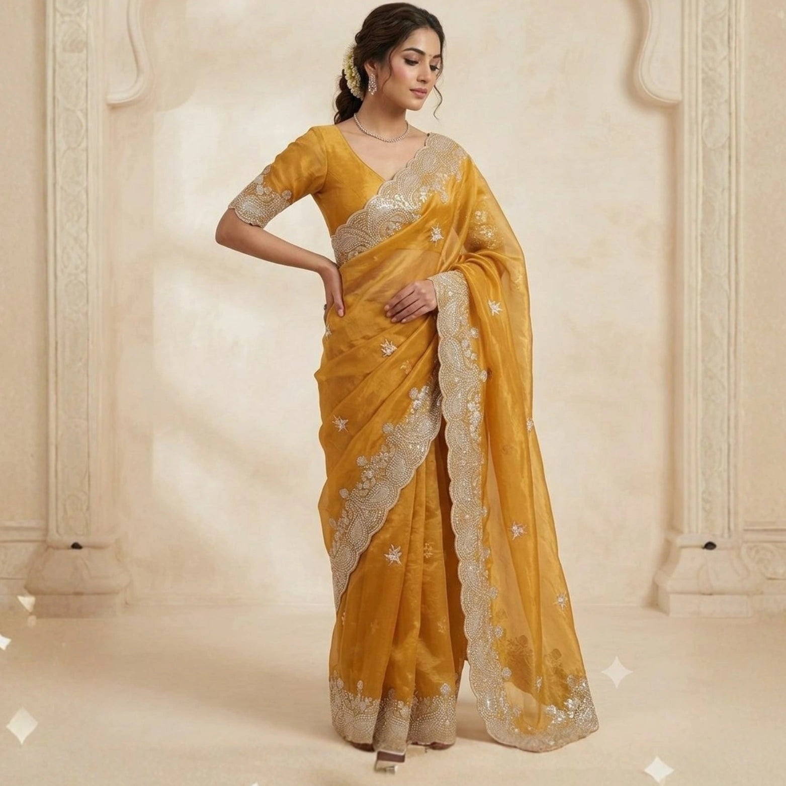 Sunheri Gold Crush Embroidered Designer Saree