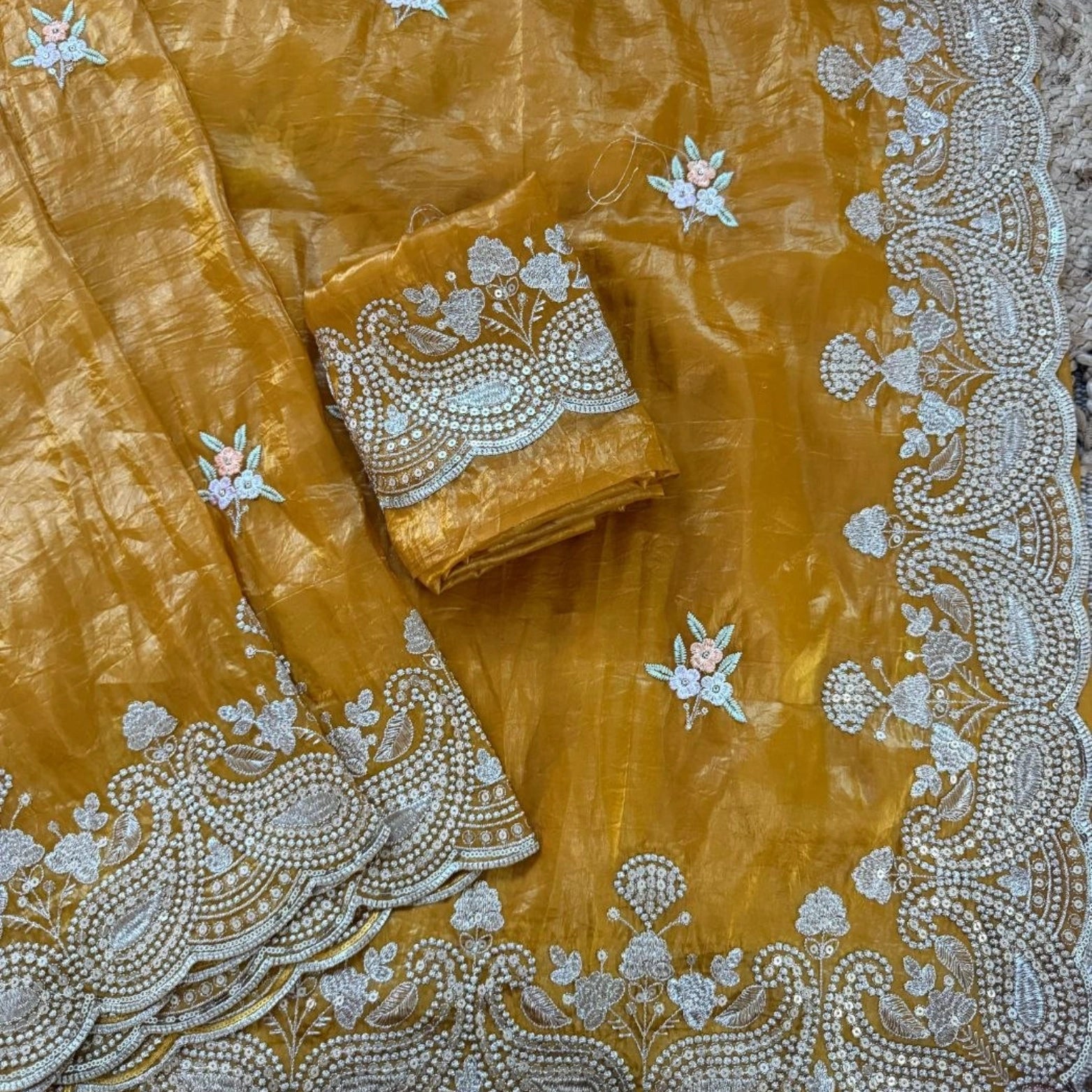 Sunheri Gold Crush Embroidered Designer Saree