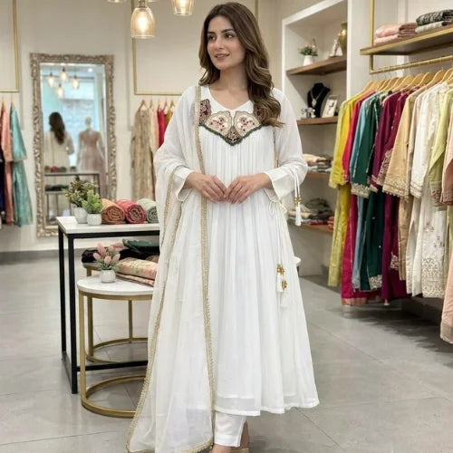 Pure Mul Chanderi Embroidered Gown Suit Set