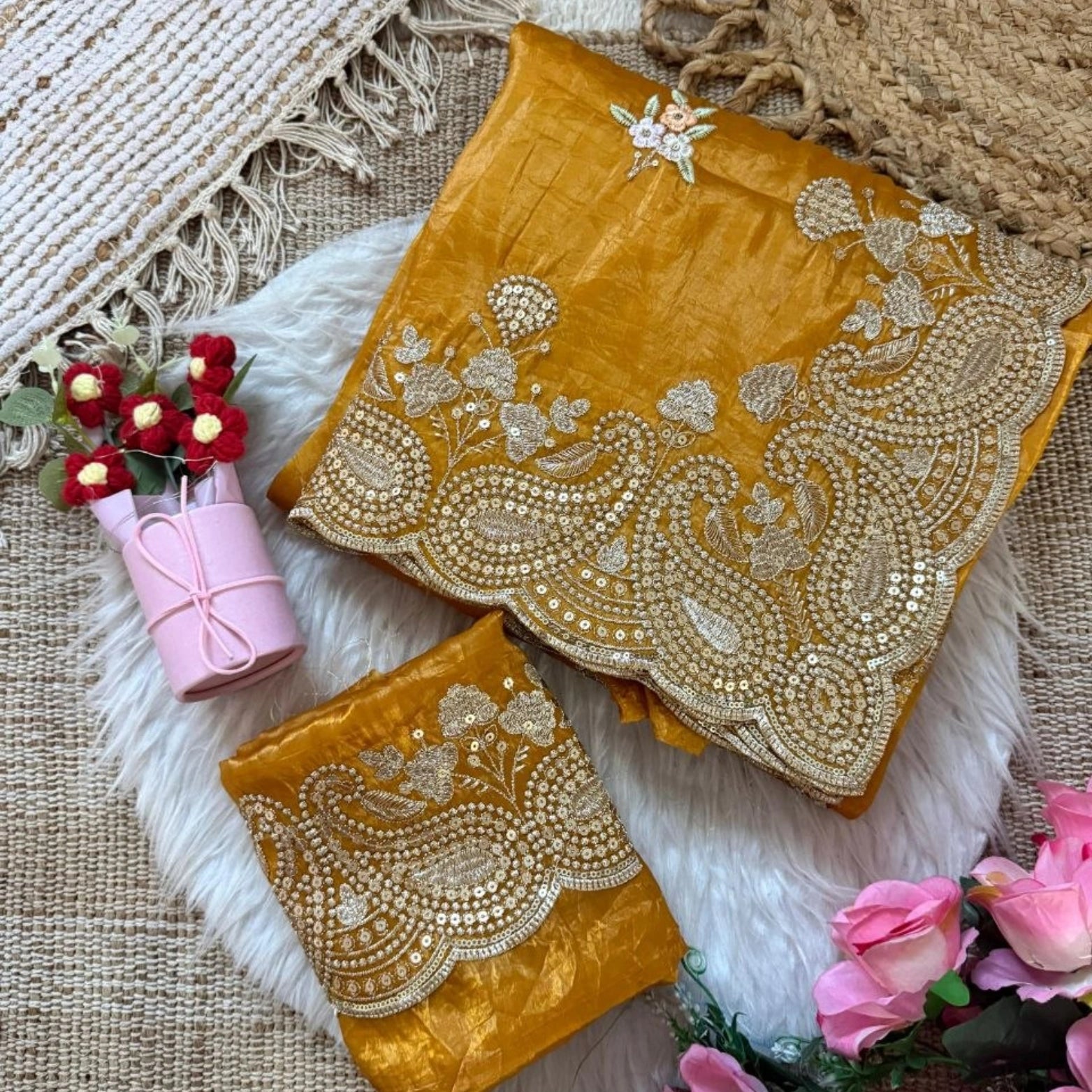 Sunheri Gold Crush Embroidered Designer Saree