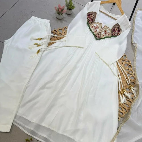 Pure Mul Chanderi Embroidered Gown Suit Set