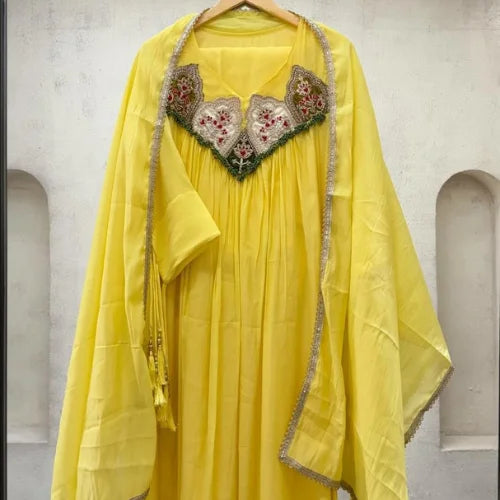 Pure Mul Chanderi Embroidered Gown Suit Set