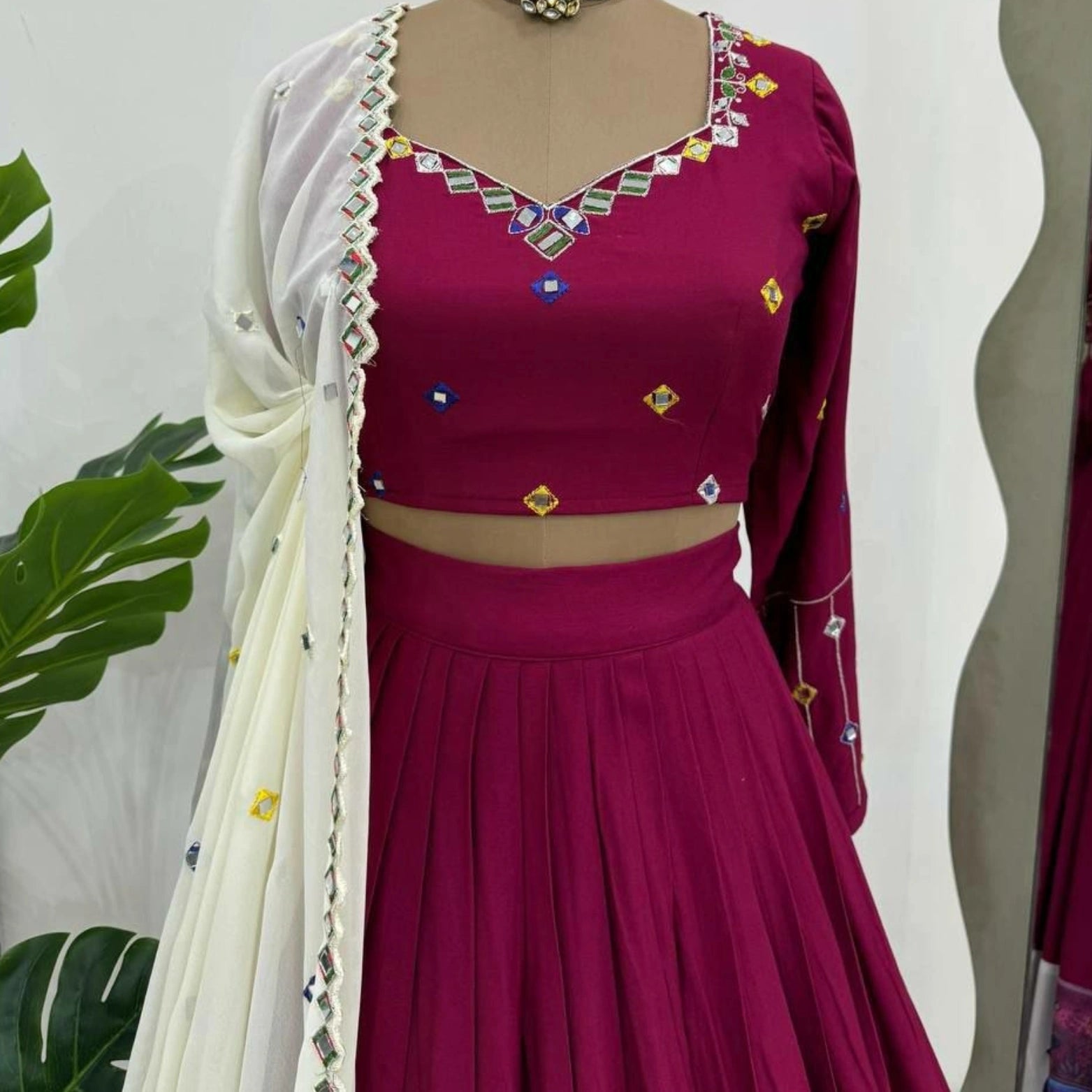 Gulnaar Mirrorwork Rayon Lehenga Set