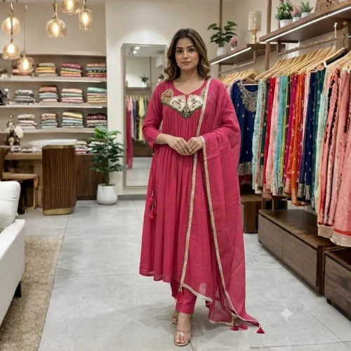 Pure Mul Chanderi Embroidered Gown Suit Set