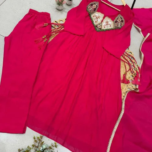 Pure Mul Chanderi Embroidered Gown Suit Set