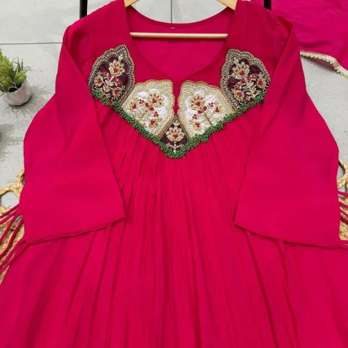 Pure Mul Chanderi Embroidered Gown Suit Set
