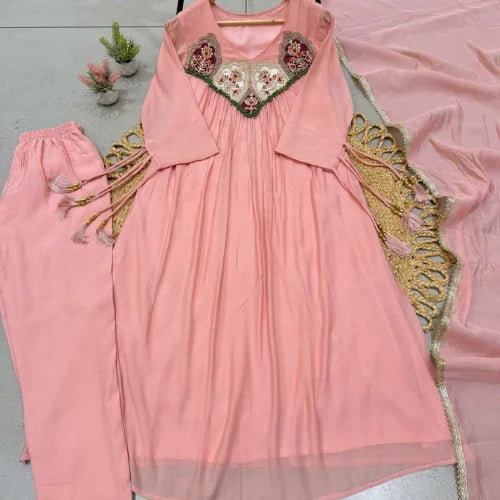 Pure Mul Chanderi Embroidered Gown Suit Set