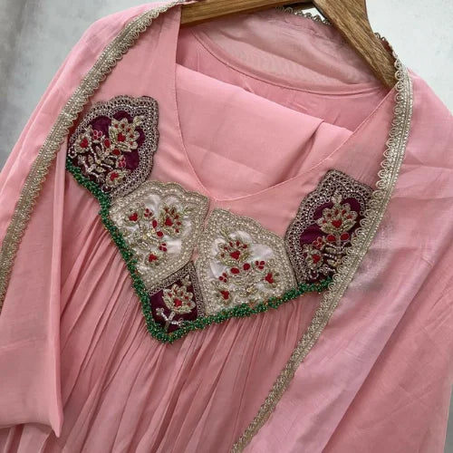 Pure Mul Chanderi Embroidered Gown Suit Set