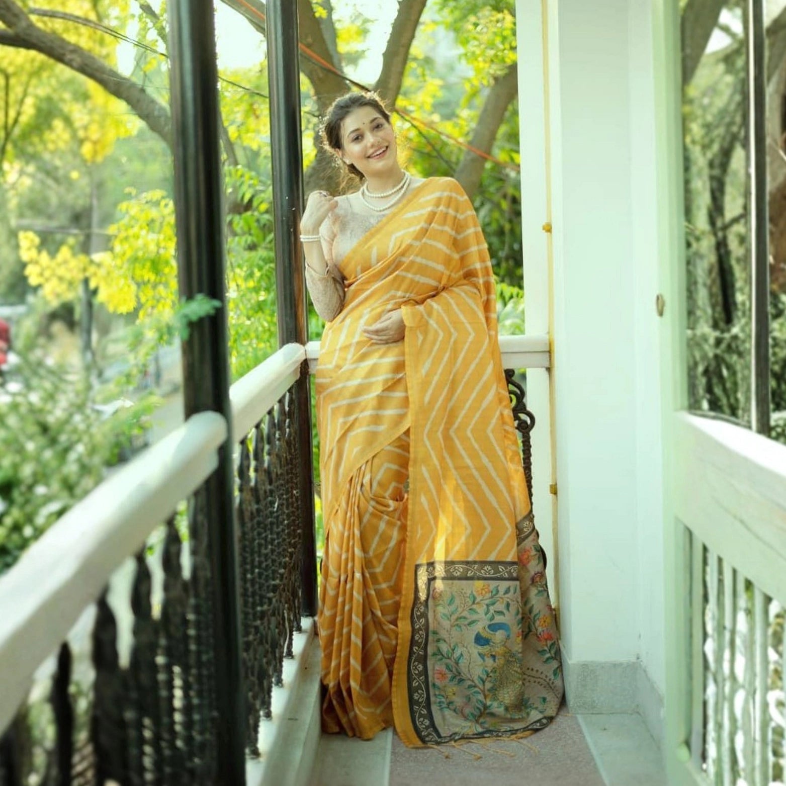 Tussar Silk Leheriya Saree with Kalamkari Peacock Pallu