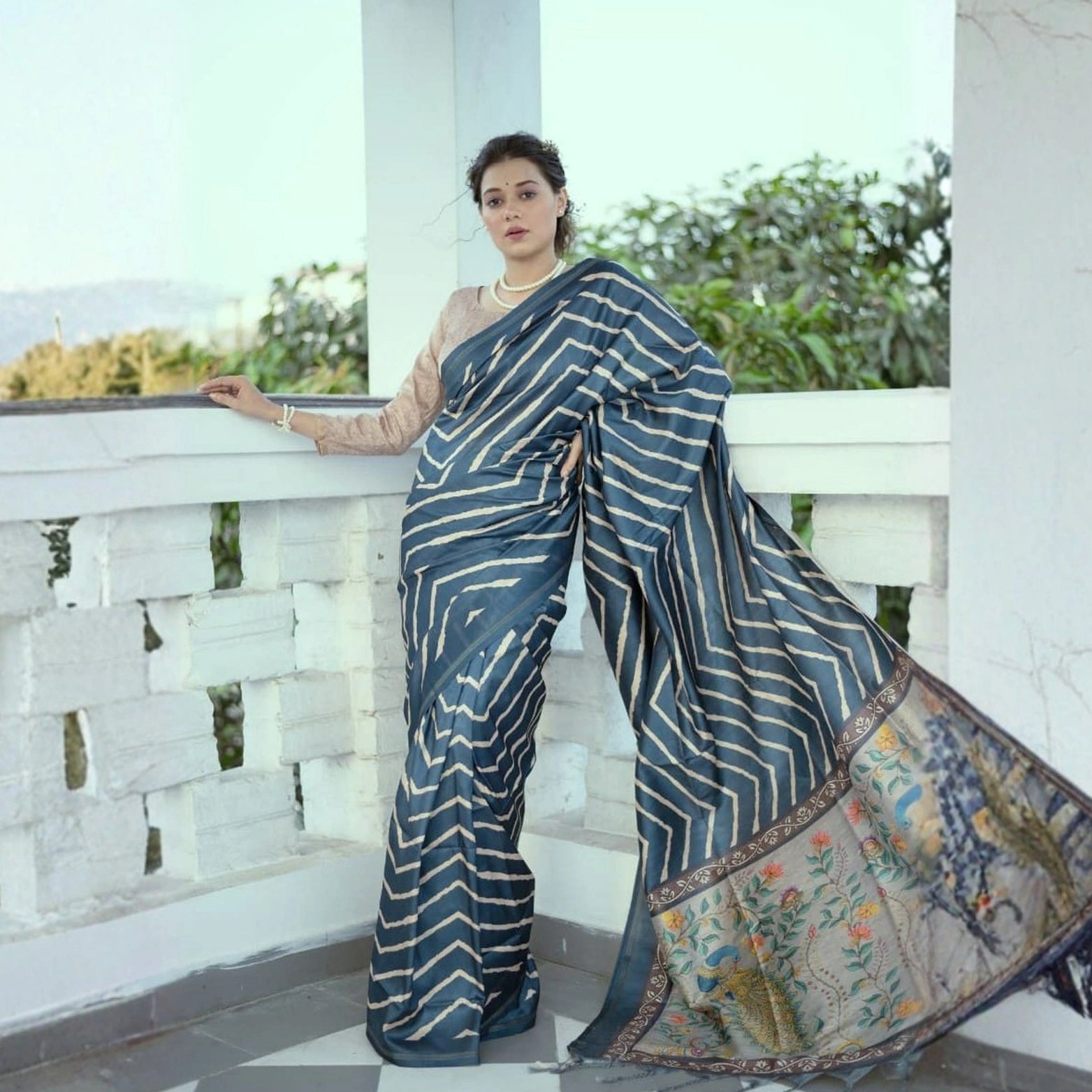 Tussar Silk Leheriya Saree with Kalamkari Peacock Pallu