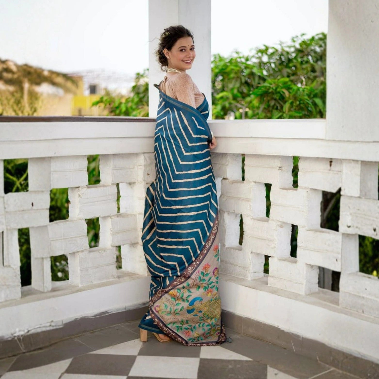Tussar Silk Leheriya Saree with Kalamkari Peacock Pallu