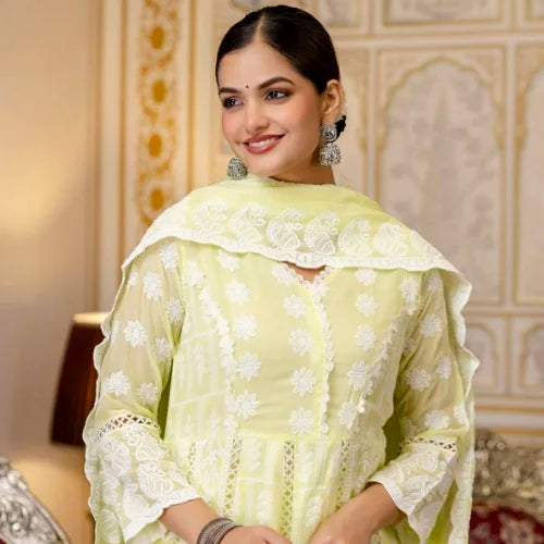 Pure Mal Cotton Lucknowi Embroidered Gown Set