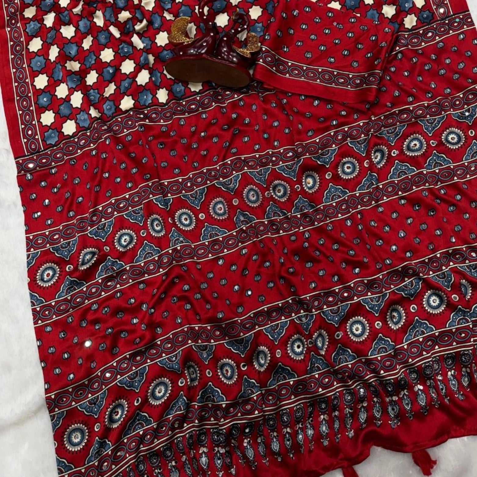 Soft Japan Satin Ajrakh Print Saree with Mirror Work