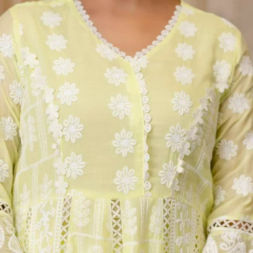 Pure Mal Cotton Lucknowi Embroidered Gown Set