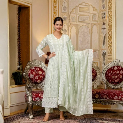 Pure Mal Cotton Lucknowi Embroidered Gown Set
