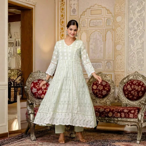 Pure Mal Cotton Lucknowi Embroidered Gown Set