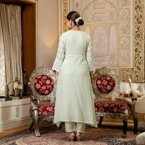 Pure Mal Cotton Lucknowi Embroidered Gown Set