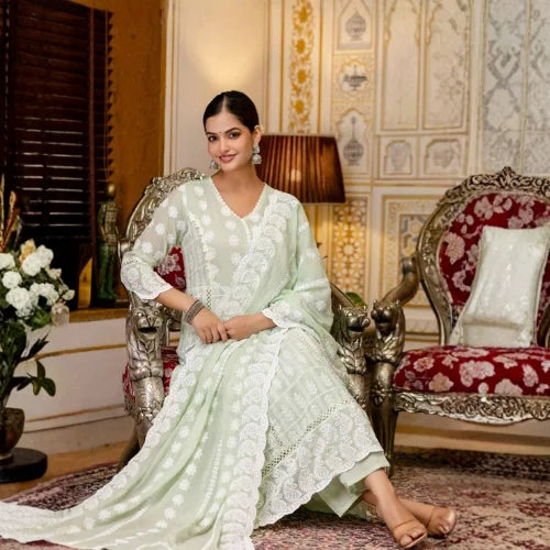 Pure Mal Cotton Lucknowi Embroidered Gown Set
