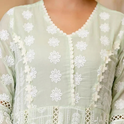 Pure Mal Cotton Lucknowi Embroidered Gown Set