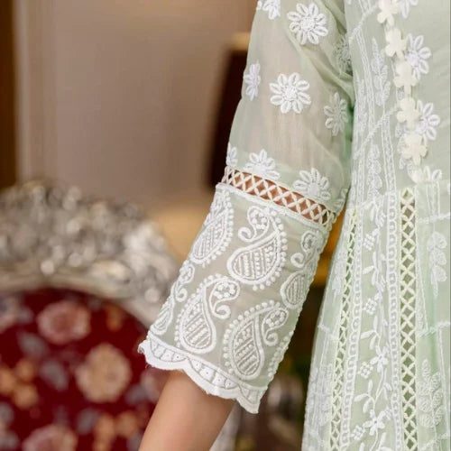 Pure Mal Cotton Lucknowi Embroidered Gown Set