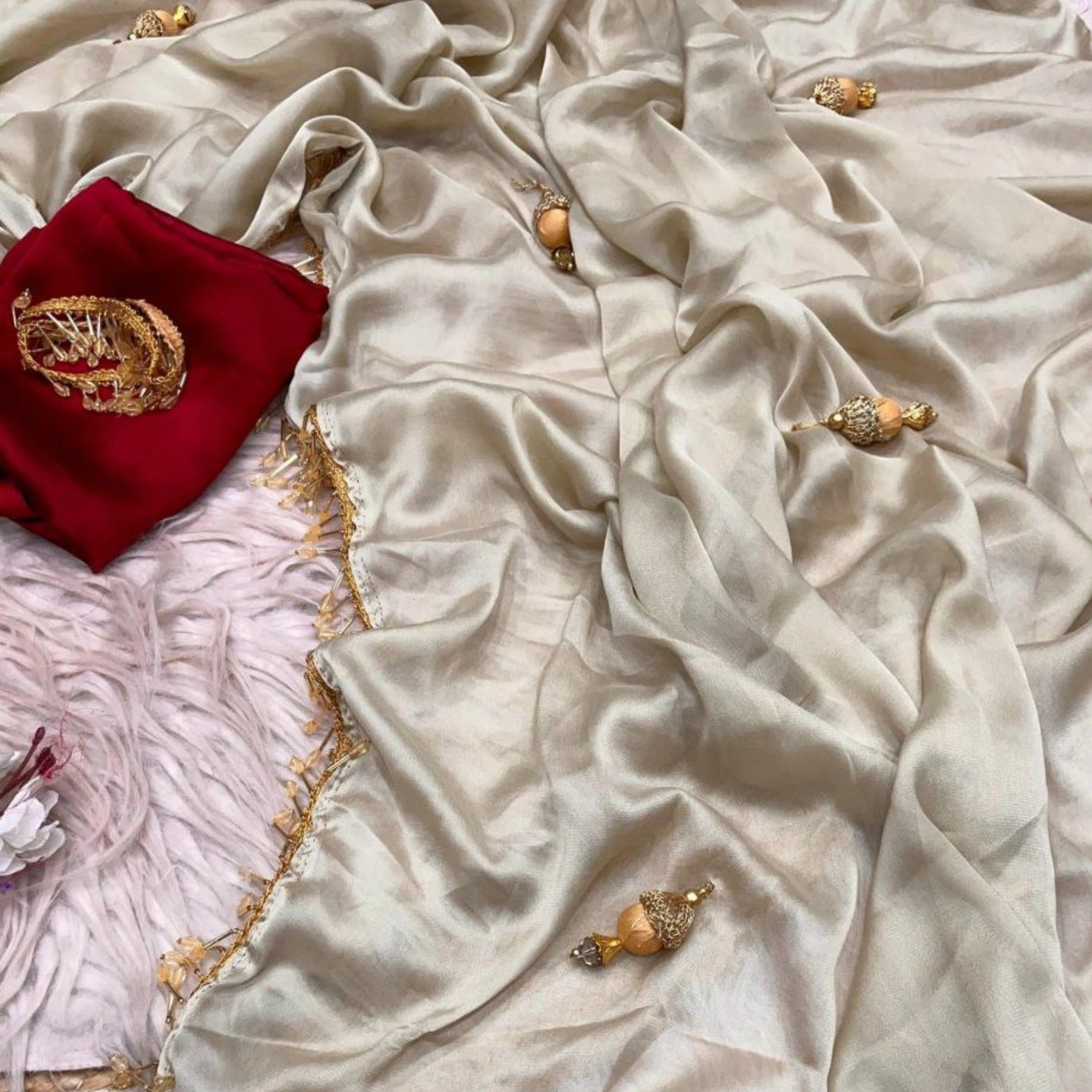 Pure Soft Rangoli Silk Saree with Handmade Lace & Heavy Latkan Pallu