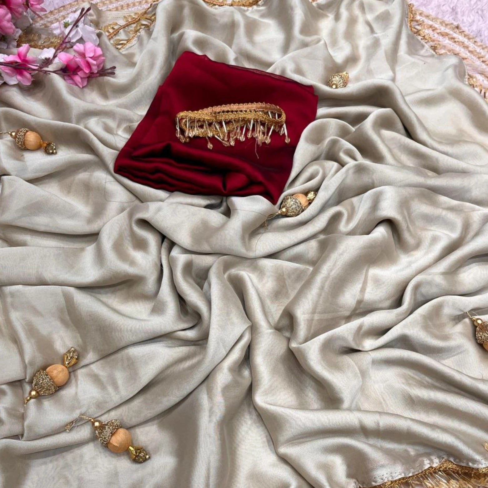 Pure Soft Rangoli Silk Saree with Handmade Lace & Heavy Latkan Pallu