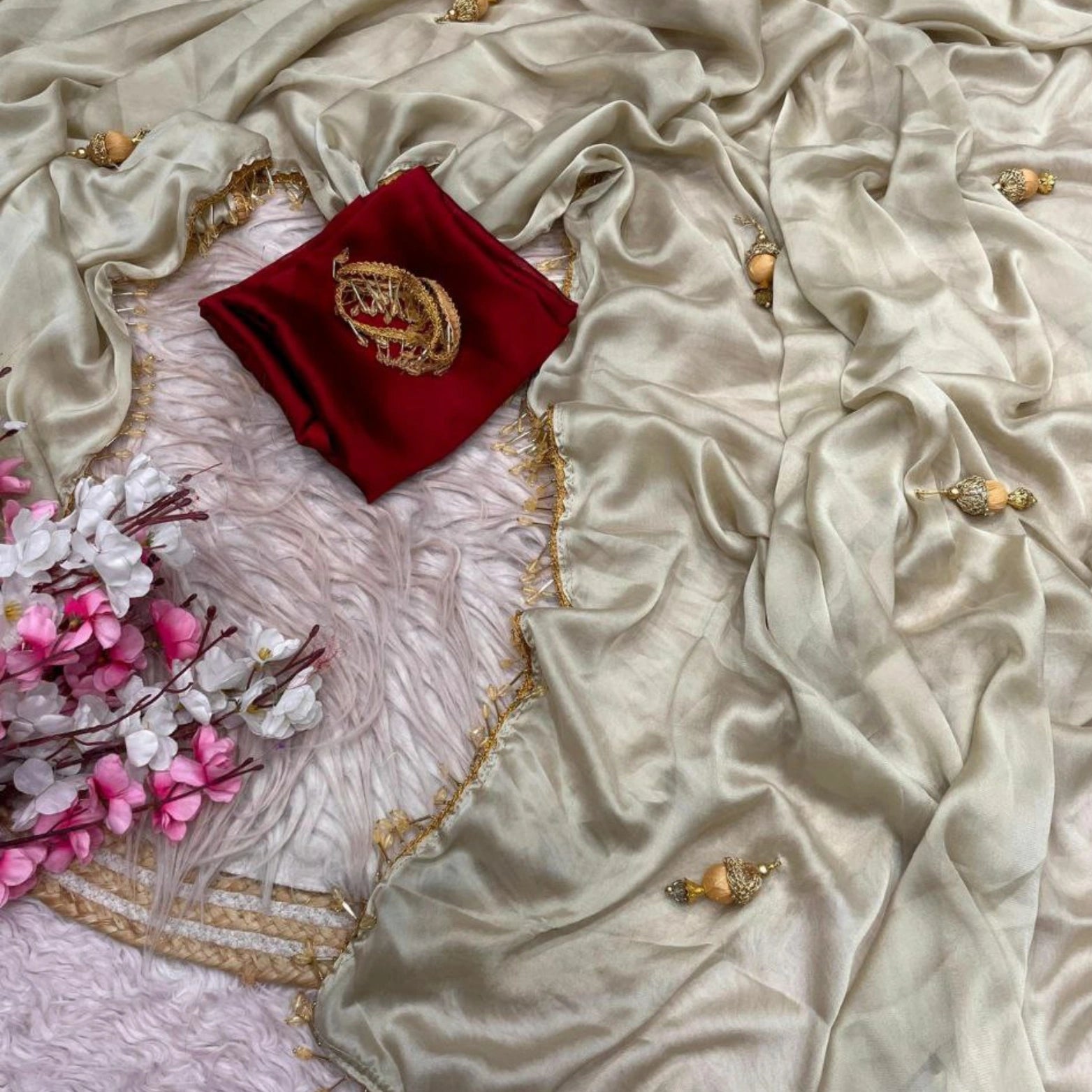 Pure Soft Rangoli Silk Saree with Handmade Lace & Heavy Latkan Pallu