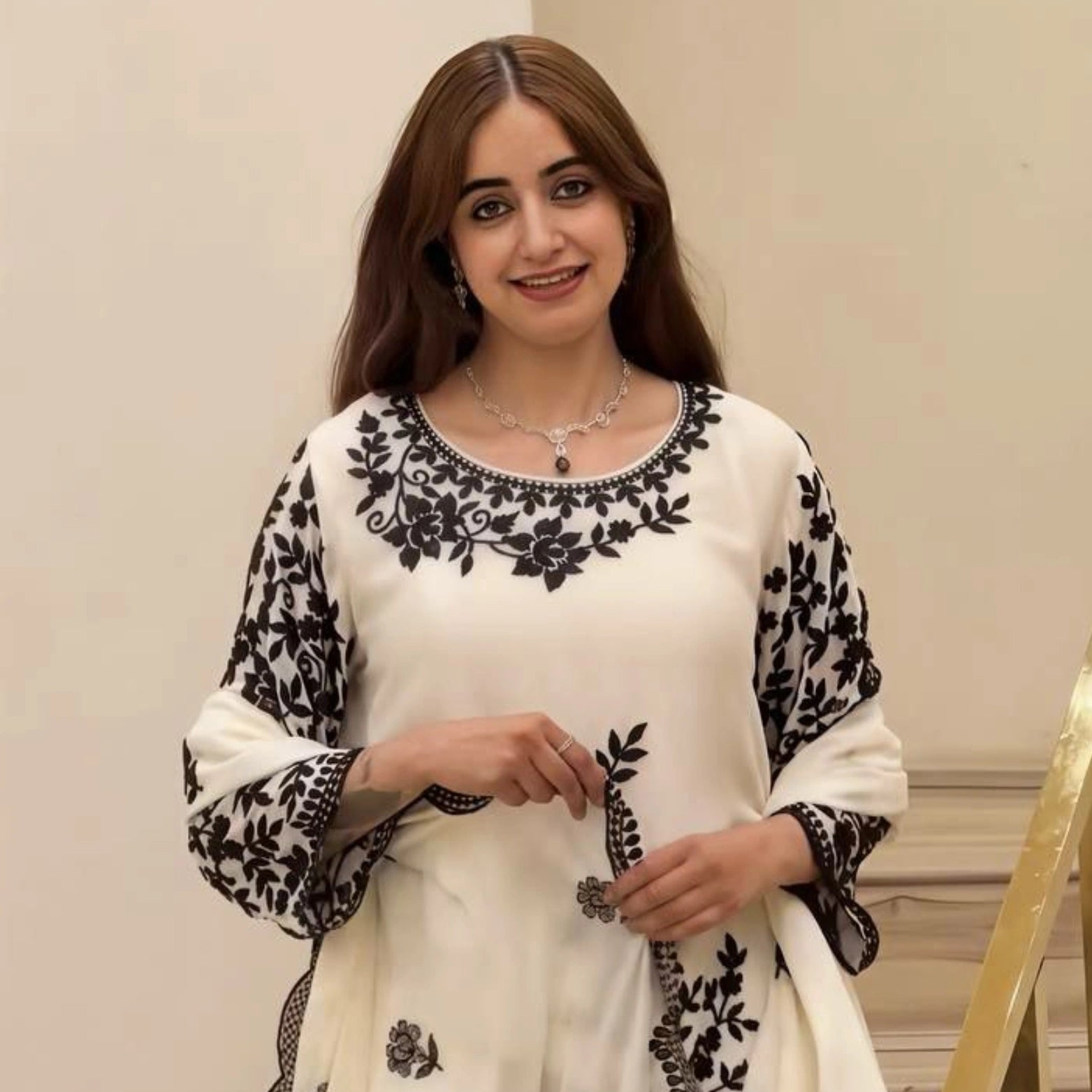 Ivory Embroidered Faux Georgette Sharara Set