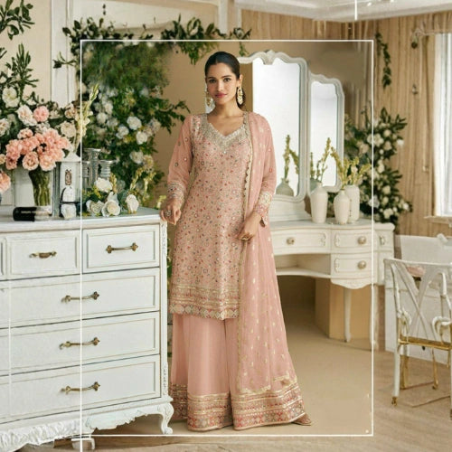 Heavy Faux Georgette Embroidered Palazzo Suit Set