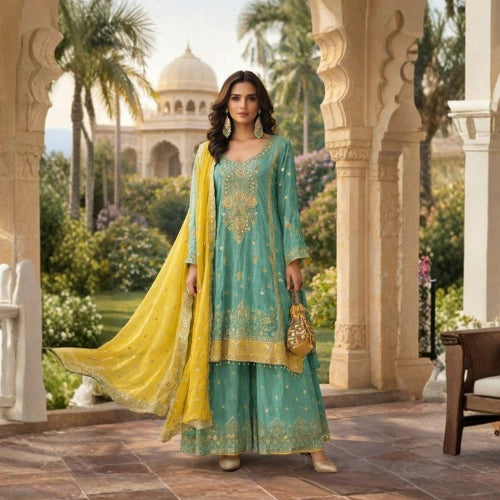 Heavy Chinnon Embroidered Palazzo Suit Set