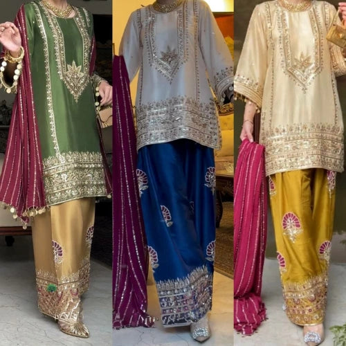 Embroidered Silk Sharara Set with Dupatta
