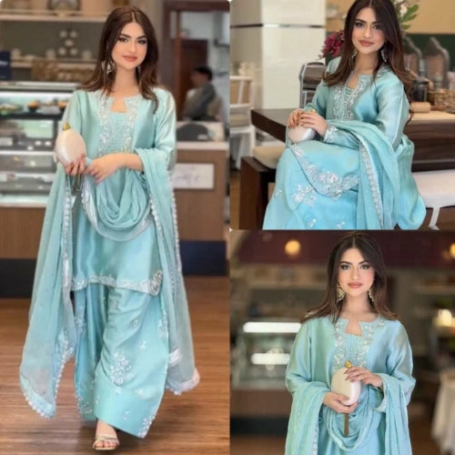 Roman Glass Silk Embroidered Farshi Palazzo Suit Set