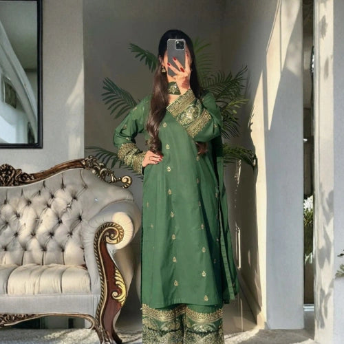 Heavy Pure Georgette Silk Embroidered Palazzo Suit Set